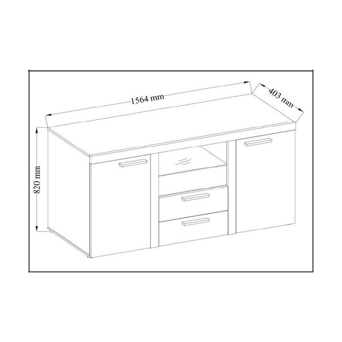 SIDEBOARD ROMA SONOMA 156CMDimensions: 1564 x 820 x 403mm (W x H x D)Number of packages: 2Front :- laminated board 15mm Lefkas Oak- melamine edging- handle: 128mm plasticBody:- laminated board 15mm Lefkas Oak- melamine edging- MDF strip 18mm / 16mmBack wa