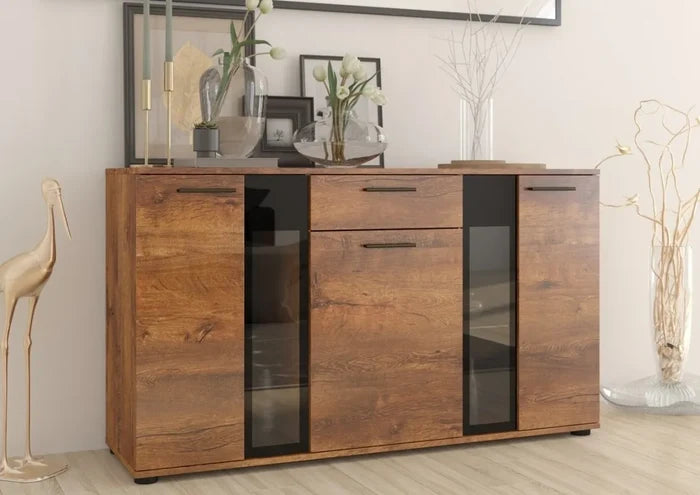 SIDEBOARD SALSA DAB LEFKAS LED LIGHTS OPTIONAL 140CMDimensions: 1404 x 800 x 402mm (W x H x D)Number of packages: 2Front:- 15mm white laminated board- melamine rim- glass with a black print- handle: 128mm plasticBody:- 15mm white laminated board- melamine
