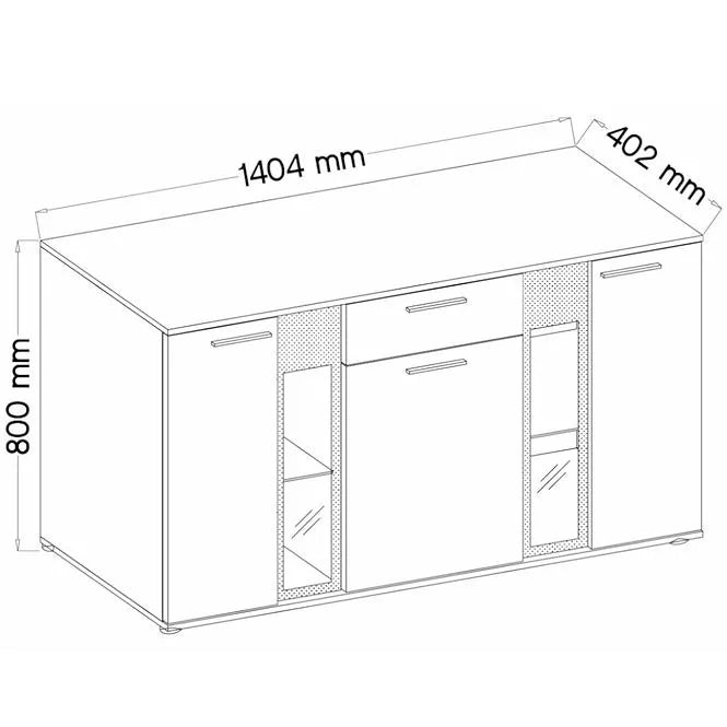 SIDEBOARD SALSA WHITE 140CMDimensions: 1404 x 800 x 402mm (W x H x D)Number of packages: 2Front:- 15mm white laminated board- melamine rim- glass with a black print- handle: 128mm plasticBody:- 15mm white laminated board- melamine rimBack wall :- Black HD