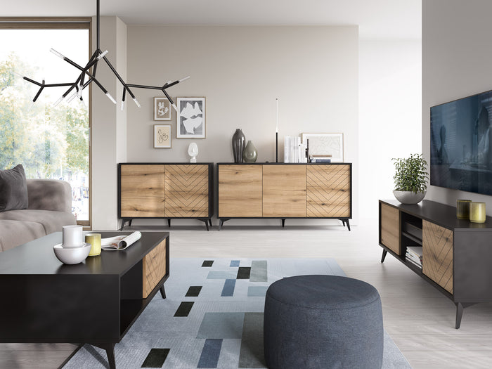 Storage cabinet DIAMOND 02 black / evoke oakStorage cabinet DIAMOND 02 (104/77/39) ColourBlack / Oak Evoke MaterialLaminated board 16mm VeneerEdging ABS Metal Legs PUSH-TO-OPENAnna Furniture