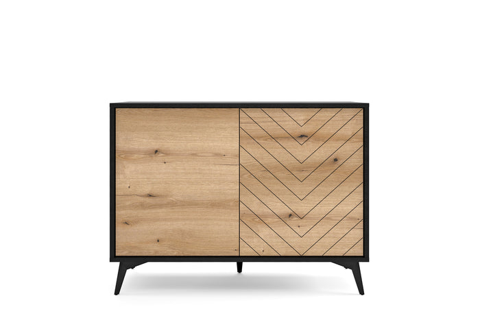 Storage cabinet DIAMOND 02 black / evoke oakStorage cabinet DIAMOND 02 (104/77/39) ColourBlack / Oak Evoke MaterialLaminated board 16mm VeneerEdging ABS Metal Legs PUSH-TO-OPENAnna Furniture