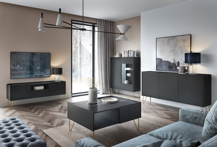 Storage cabinet HARMONY 02 black / black marbleStorage cabinet HARMONY 02 black / black marble 97/83/37CM ColourBlack / Black marble + Golden MaterialLaminated board 16mm VeneerEdging ABS Metal Legs PUSH-TO-OPENAnna Furniture