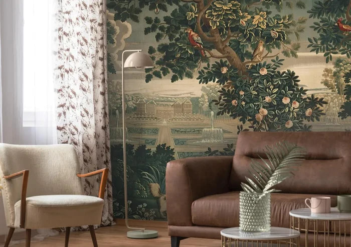 Tapestry Style Garden Wallpaper: Botanical Tree Scene Wall Mural