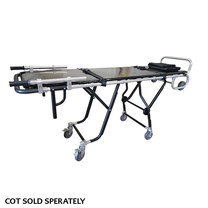 TITAN mortuary cot extension handles installed on a first-call cot foot end, universal pair handle extension