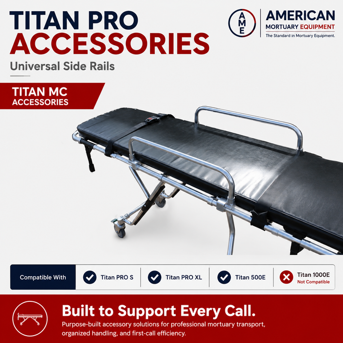 TITAN universal mortuary cot side rail attachment, first call stretcher safety side rails