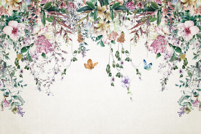 Tropical Floral Wallpaper Mural: Hanging Leaves, Spring Flowers, Removable