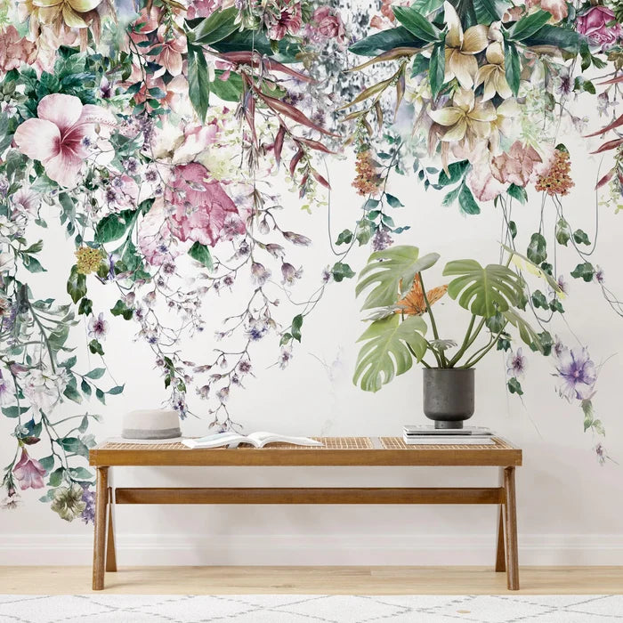Tropical Floral Wallpaper Mural: Hanging Leaves, Spring Flowers, Removable