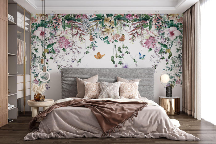 Tropical Floral Wallpaper Mural: Hanging Leaves, Spring Flowers, Removable