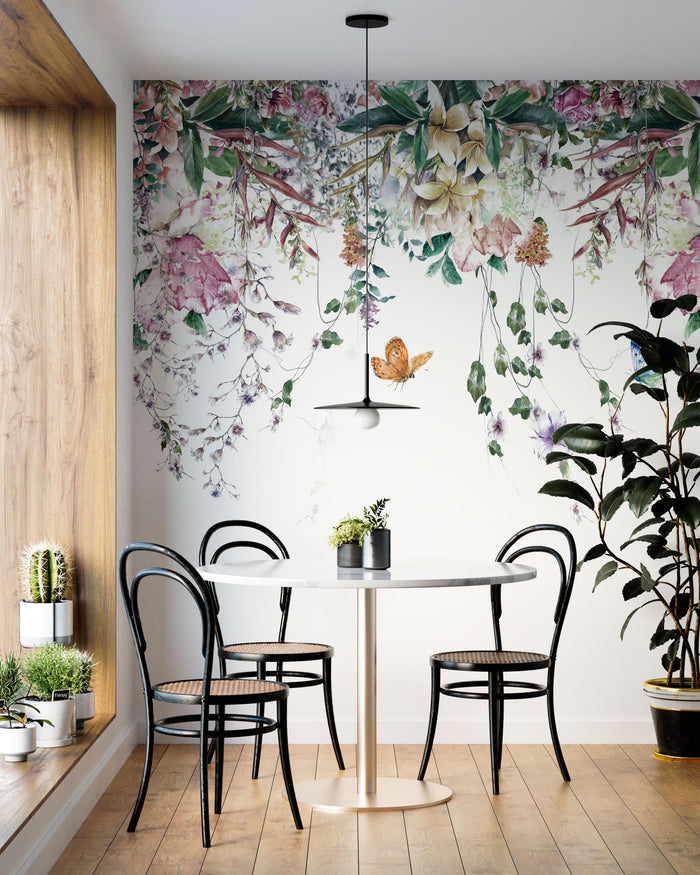 Tropical Floral Wallpaper Mural: Hanging Leaves, Spring Flowers, Removable