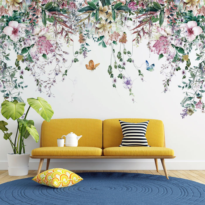Tropical Floral Wallpaper Mural: Hanging Leaves, Spring Flowers, Removable