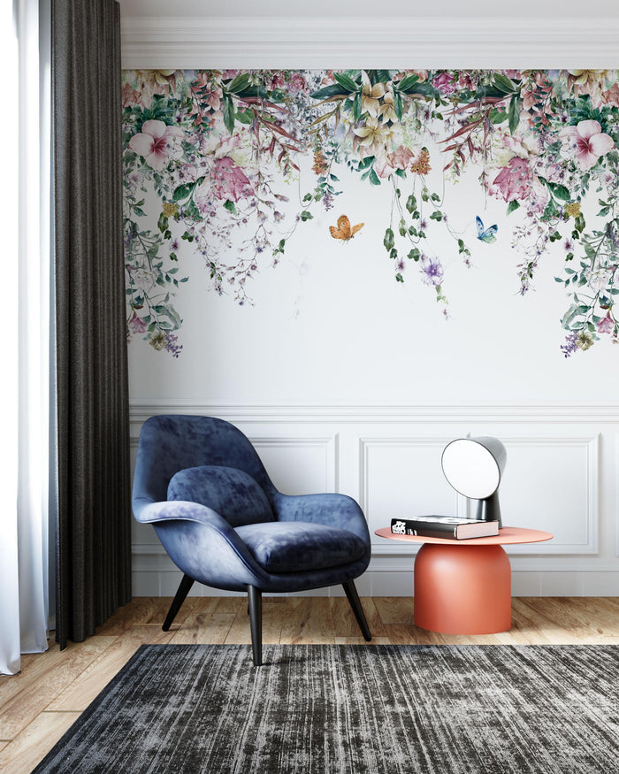 Tropical Floral Wallpaper Mural: Hanging Leaves, Spring Flowers, Removable