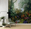Tropical Forest Wallpaper Mural: Starling, Flowers, Green Palm Trees, Peel and Stick