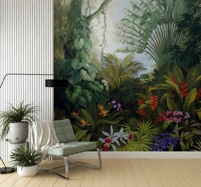 Tropical Forest Wallpaper Mural: Starling, Flowers, Green Palm Trees, Peel and Stick