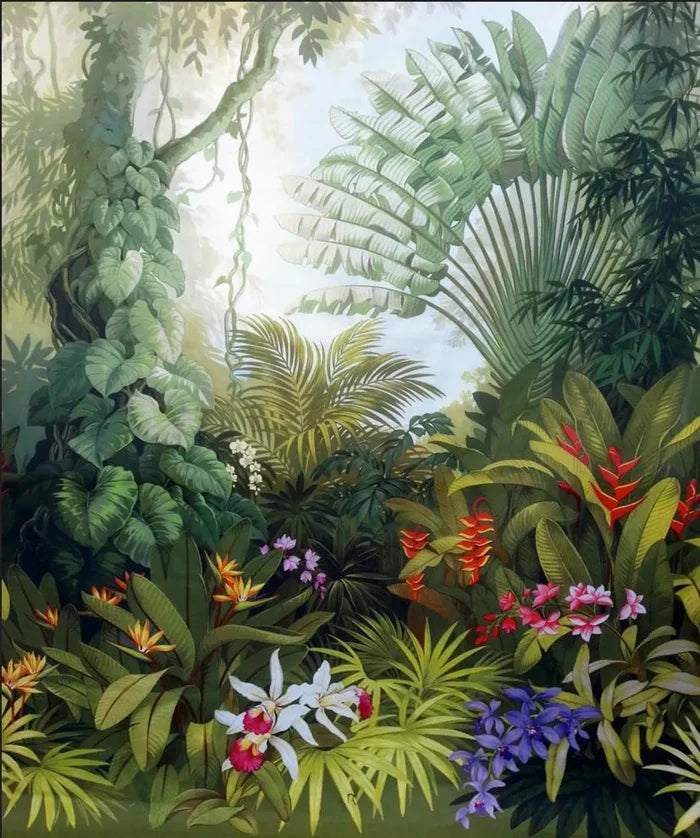 Tropical Forest Wallpaper Mural: Starling, Flowers, Green Palm Trees, Peel and Stick