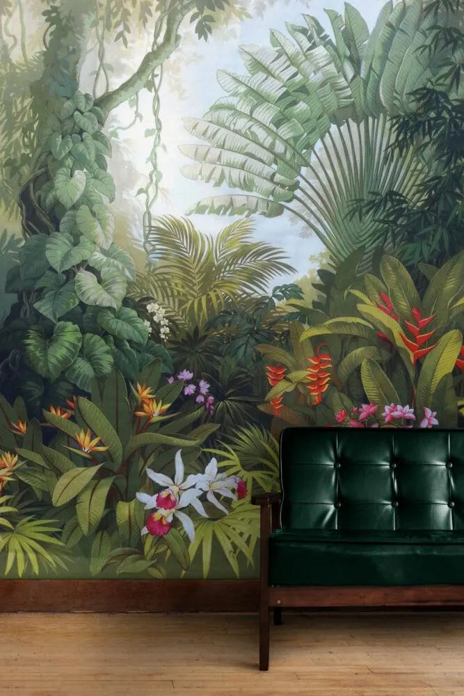 Tropical Forest Wallpaper Mural: Starling, Flowers, Green Palm Trees, Peel and Stick