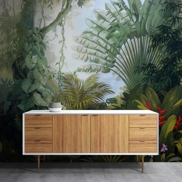 Tropical Forest Wallpaper Mural: Starling, Flowers, Green Palm Trees, Peel and Stick