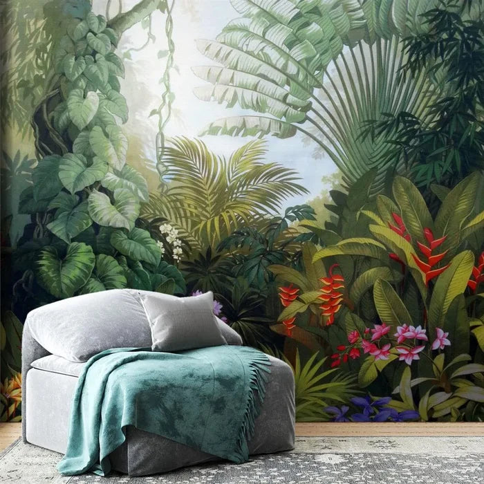 Tropical Forest Wallpaper Mural: Starling, Flowers, Green Palm Trees, Peel and Stick