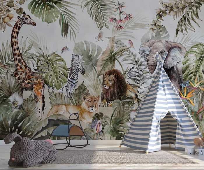 Tropical Jungle Animal Wallpaper Mural: Forest Design