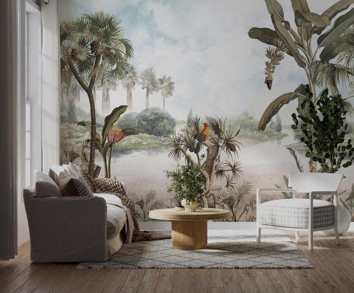 Tropical Lake Wallpaper: Palm Trees, Birds, Nature Mural
