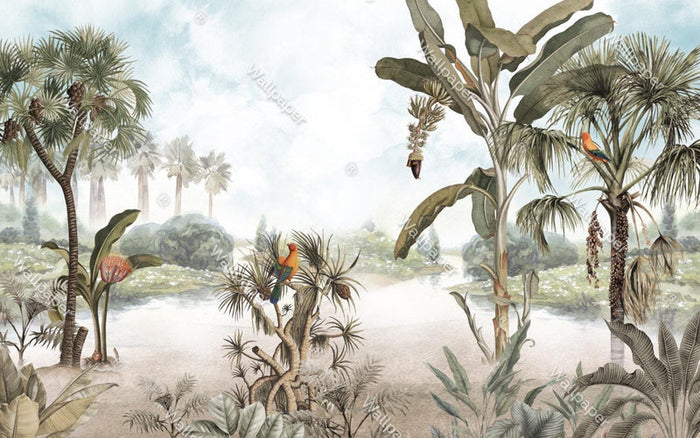 Tropical Lake Wallpaper: Palm Trees, Birds, Nature Mural