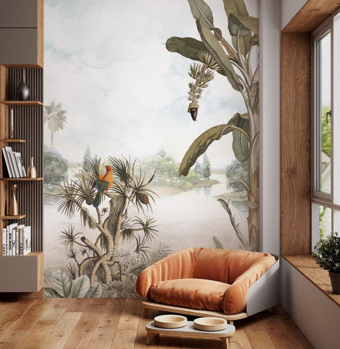 Tropical Lake Wallpaper: Palm Trees, Birds, Nature Mural