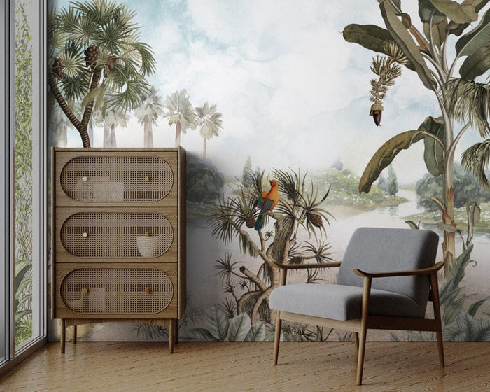 Tropical Lake Wallpaper: Palm Trees, Birds, Nature Mural