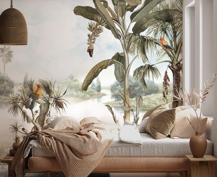 Tropical Lake Wallpaper: Palm Trees, Birds, Nature Mural