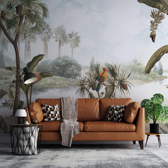 Tropical Lake Wallpaper: Palm Trees, Birds, Nature Mural