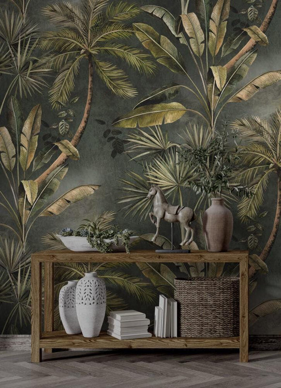 Tropical Palm & Banana Leaf Wallpaper Mural - Peel and Stick Green Wallpaper