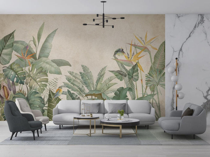 Tropical Palm Leaves Wallpaper Mural: Nostalgic Green Peel & Stick