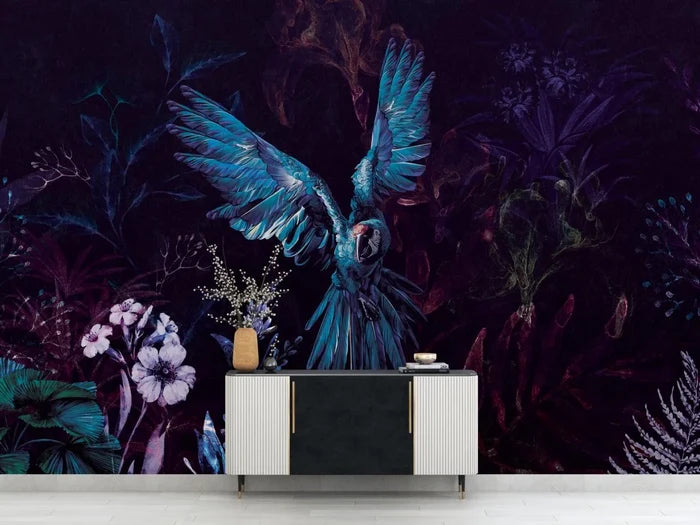 Tropical Parrot Wallpaper: Dark Floral Peel and Stick Wallpaper