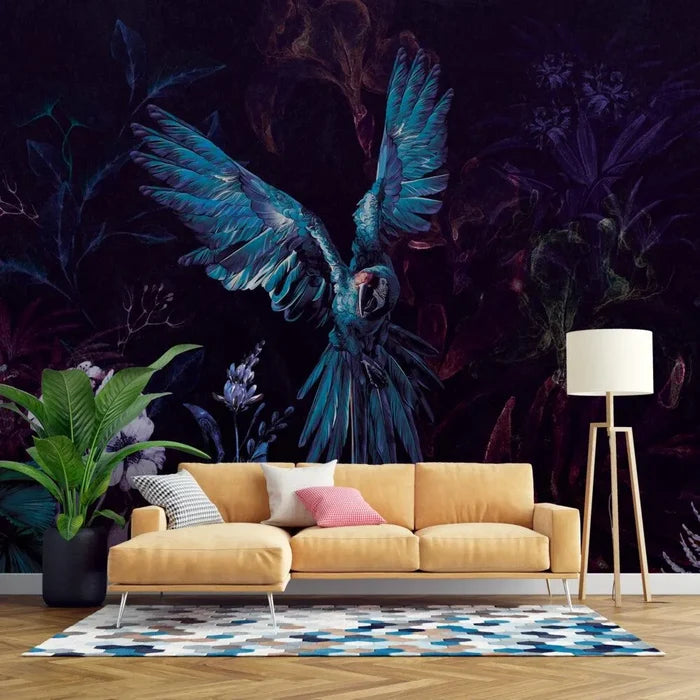 Tropical Parrot Wallpaper: Dark Floral Peel and Stick Wallpaper