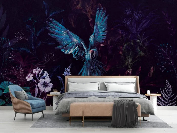 Tropical Parrot Wallpaper: Dark Floral Peel and Stick Wallpaper