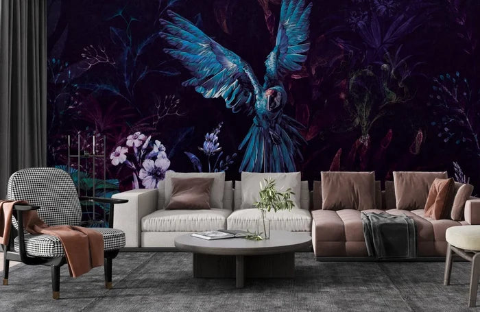 Tropical Parrot Wallpaper: Dark Floral Peel and Stick Wallpaper