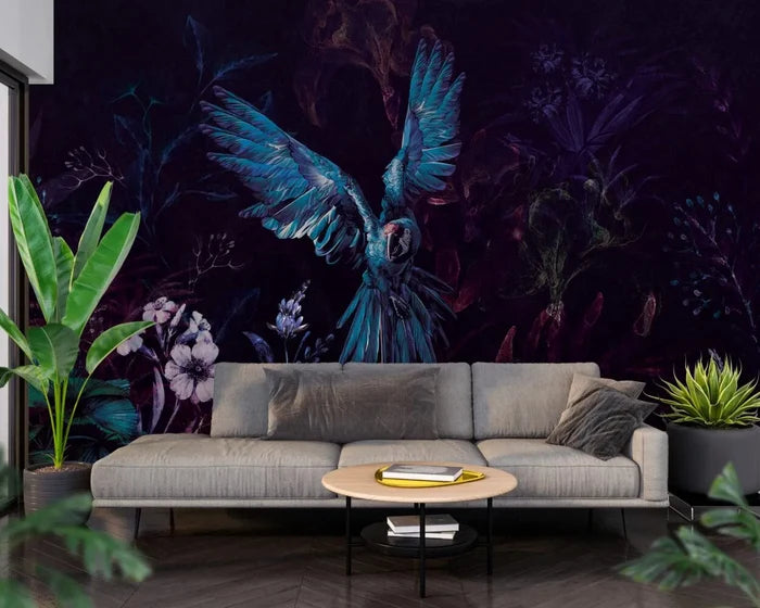 Tropical Parrot Wallpaper: Dark Floral Peel and Stick Wallpaper