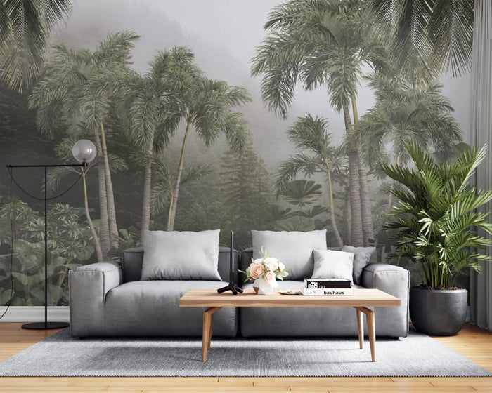 Tropical Rainforest Coconut Tree Wallpaper Mural: Handpainted Wall Decor