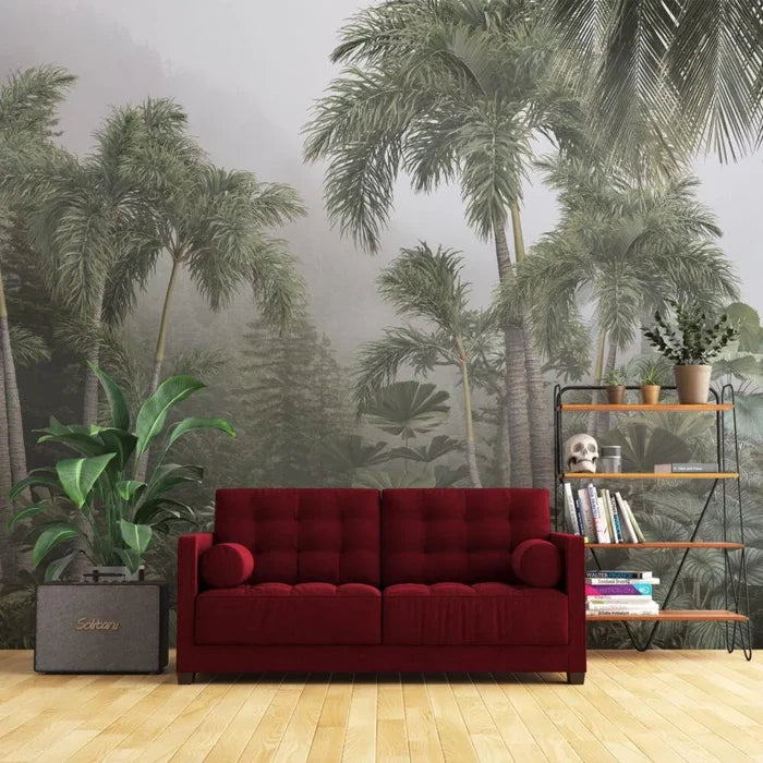 Tropical Rainforest Coconut Tree Wallpaper Mural: Handpainted Wall Decor