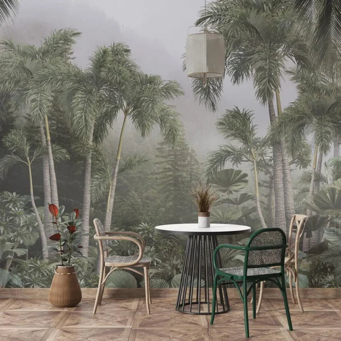 Tropical Rainforest Coconut Tree Wallpaper Mural: Handpainted Wall Decor