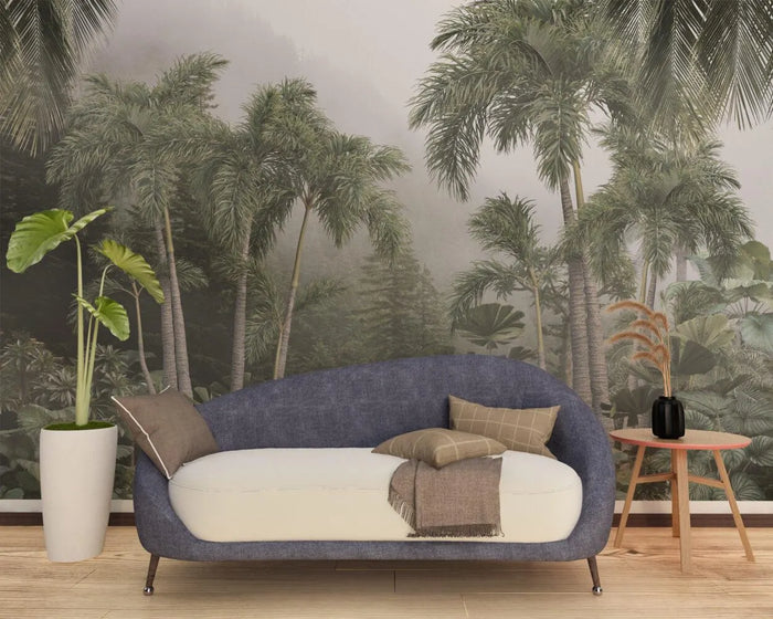 Tropical Rainforest Coconut Tree Wallpaper Mural: Handpainted Wall Decor