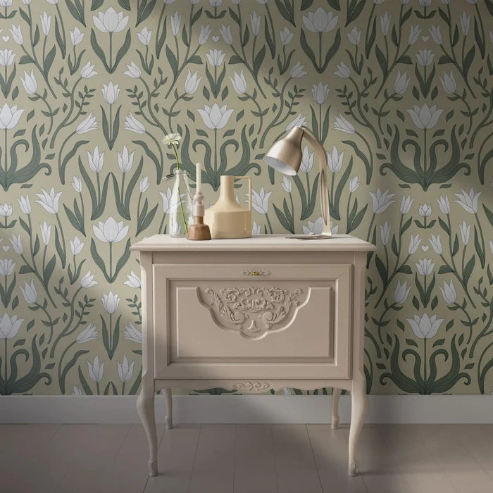 Tulip Botanical Wallpaper: White Flowers on Dark Background, Peel and Stick