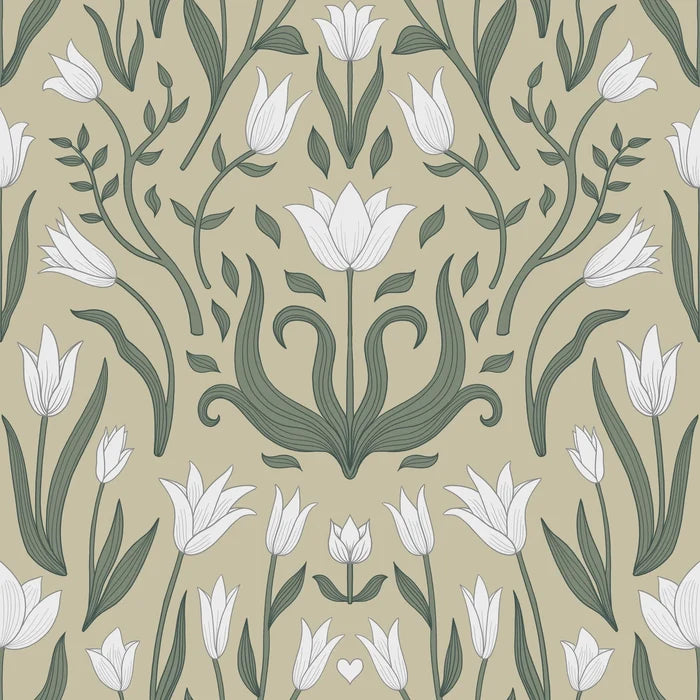 Tulip Botanical Wallpaper: White Flowers on Dark Background, Peel and Stick