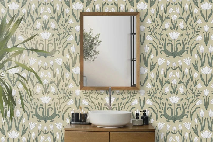 Tulip Botanical Wallpaper: White Flowers on Dark Background, Peel and Stick