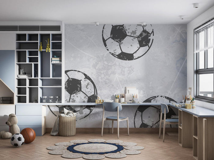 Tumbled Soccer Ball Wallpaper: Boy's Room Decor, Black & White