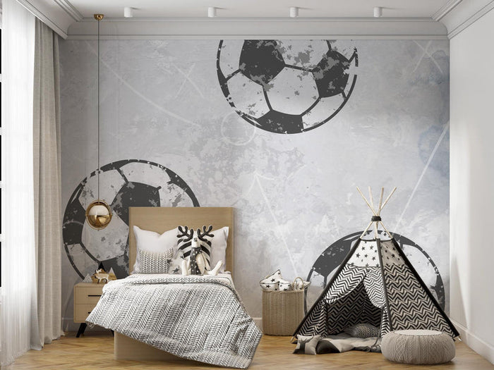 Tumbled Soccer Ball Wallpaper: Boy's Room Decor, Black & White
