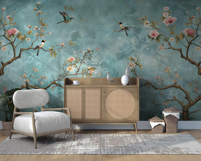 Turquoise Birds and Roses Wallpaper: Classic Floral Wall Decor