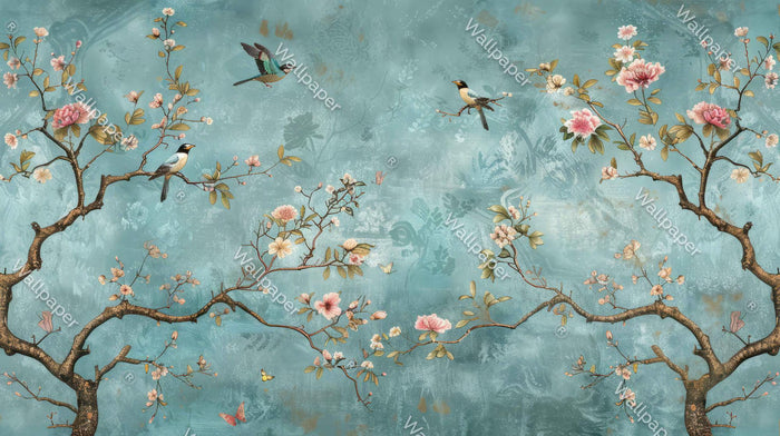 Turquoise Birds and Roses Wallpaper: Classic Floral Wall Decor