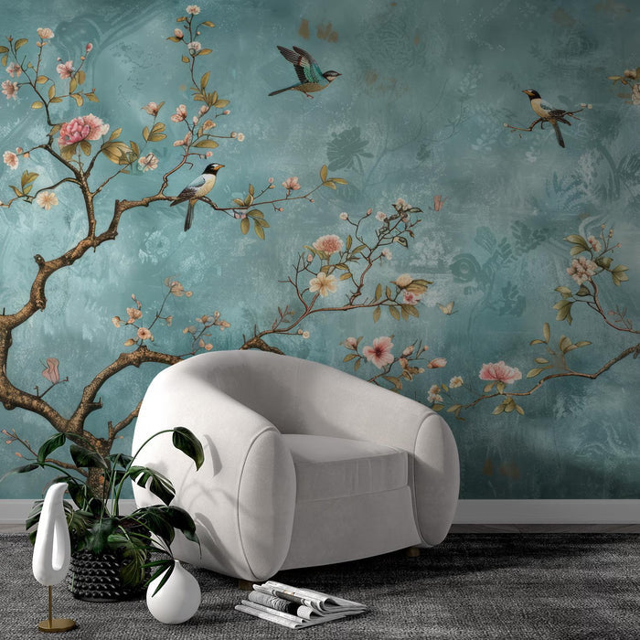 Turquoise Birds and Roses Wallpaper: Classic Floral Wall Decor