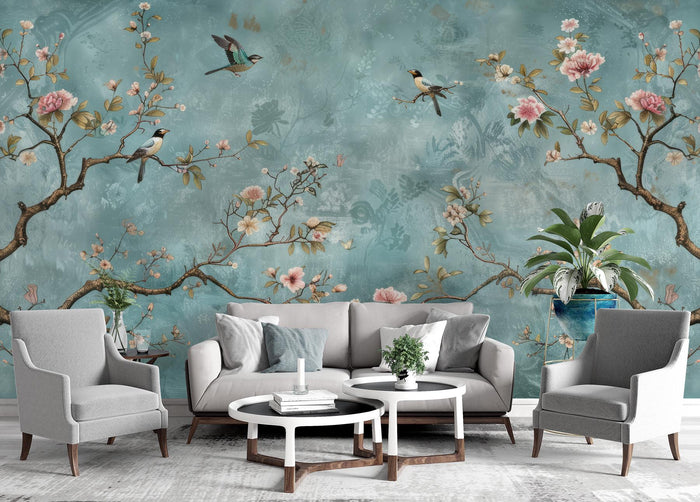 Turquoise Birds and Roses Wallpaper: Classic Floral Wall Decor