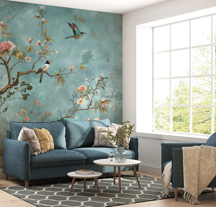 Turquoise Birds and Roses Wallpaper: Classic Floral Wall Decor