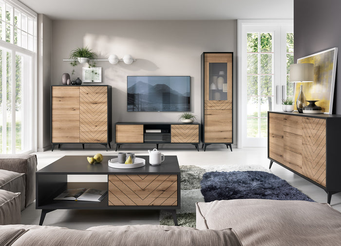 TV Stand DIAMOND 01 black / evoke oakTV Stand DIAMOND 01 (154/50/39) ColourBlack / Oak Evoke MaterialLaminated board 16mm VeneerEdging ABS Metal Legs PUSH-TO-OPENAnna Furniture